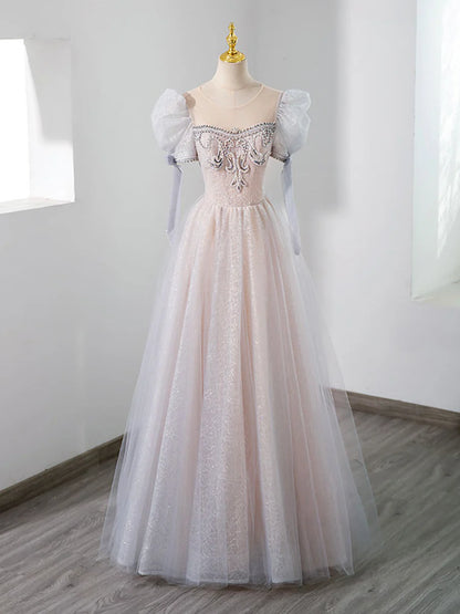 Cute Tulle Beaded Long Prom Dress, A-Line Short Sleeve Evening Dress TP429