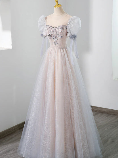 Cute Tulle Beaded Long Prom Dress, A-Line Short Sleeve Evening Dress TP429
