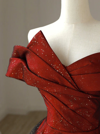 Burgundy Satin Long V-Neck Prom Dress, Off the Shoulder Party Dress TP430