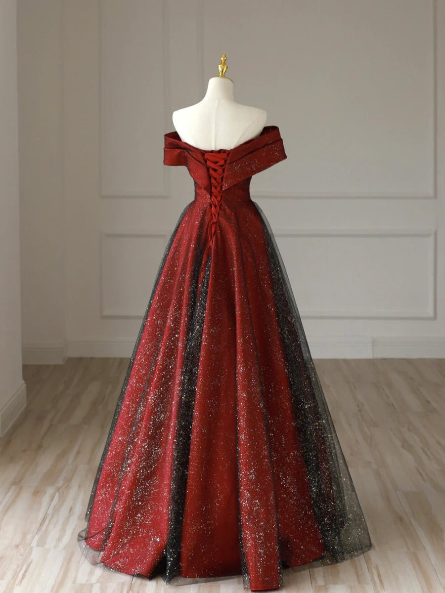 Burgundy Satin Long V-Neck Prom Dress, Off the Shoulder Party Dress TP430
