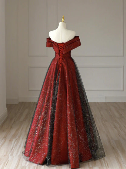Burgundy Satin Long V-Neck Prom Dress, Off the Shoulder Party Dress TP430