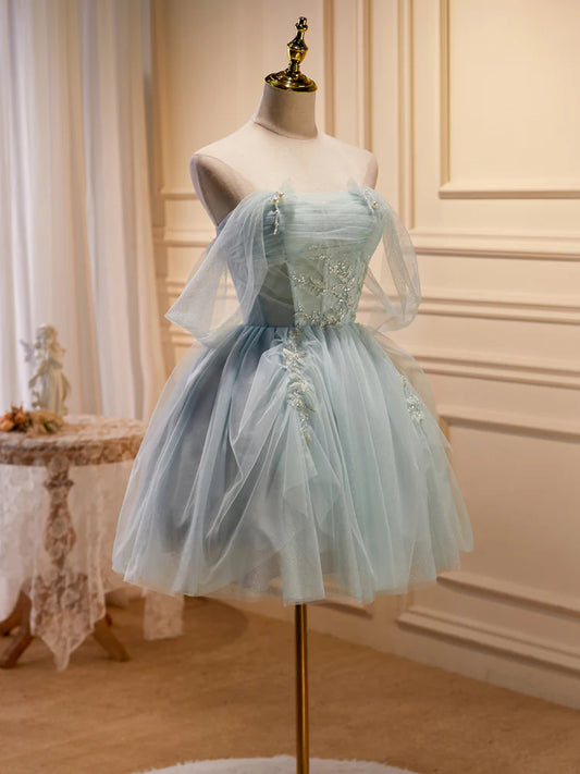 Green Tulle Beaded Short Prom Dress, Cute Off Shoulder Homecoming Dress TP431