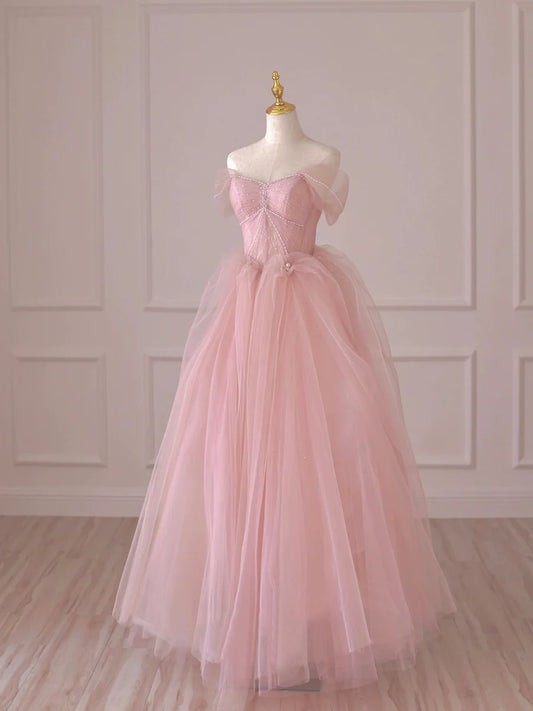 Pink Tulle Lace Long Prom Dress, Off the Shoulder Evening Dress TP432
