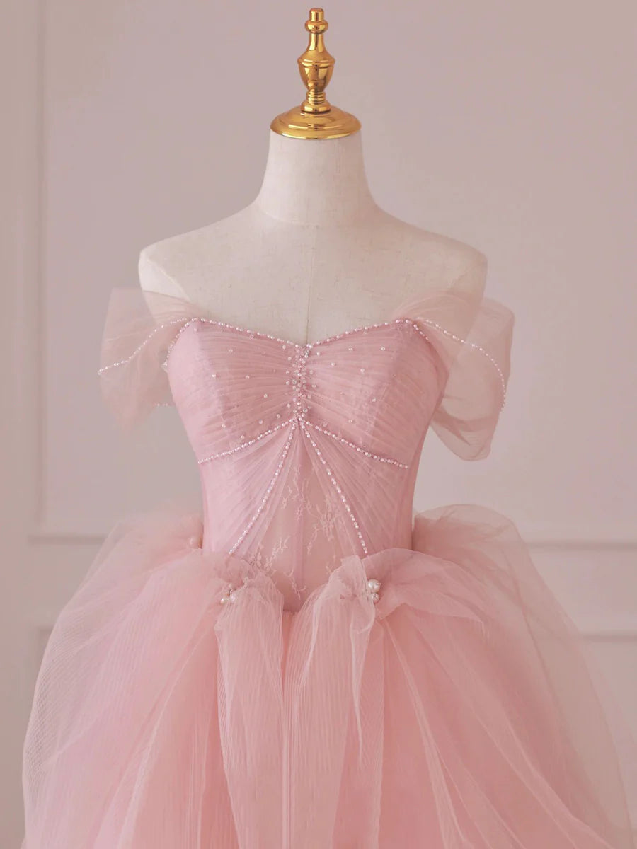 Pink Tulle Lace Long Prom Dress, Off the Shoulder Evening Dress TP432