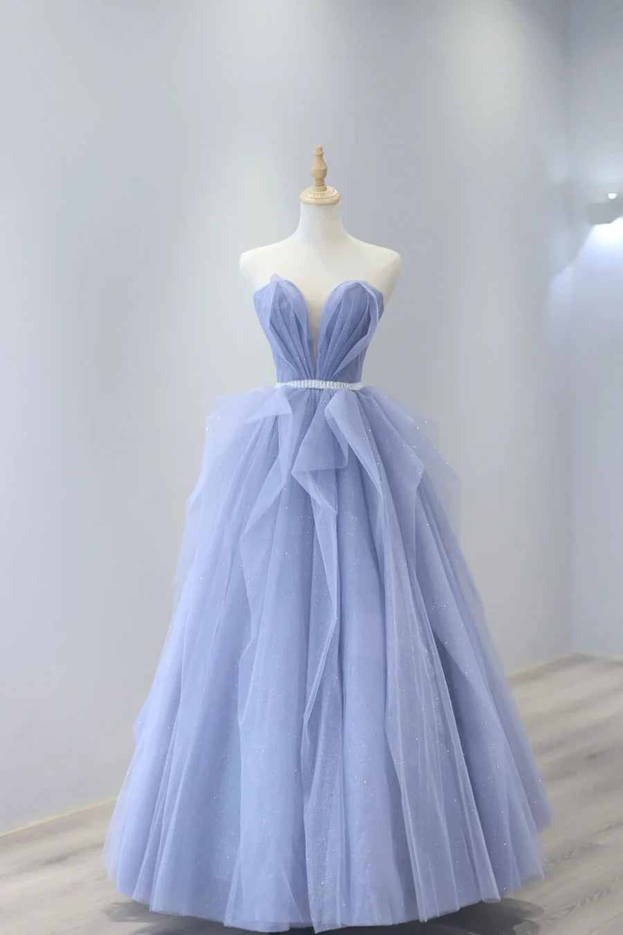 Blue Tulle Strapless Long Prom Dress, A-Line Blue Evening Dress TP433