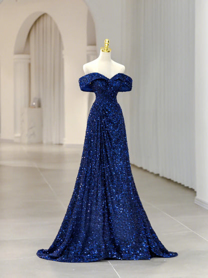 Blue Sequins Long Prom Dress, Off the Shoulder Blue Evening Dress TP435