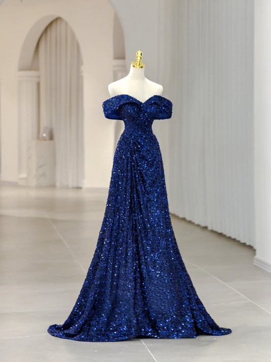 Blue Sequins Long Prom Dress, Off the Shoulder Blue Evening Dress TP435