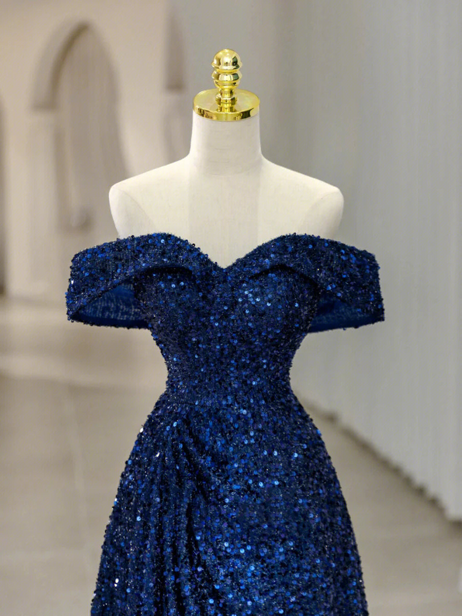 Blue Sequins Long Prom Dress, Off the Shoulder Blue Evening Dress TP435