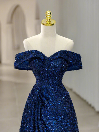 Blue Sequins Long Prom Dress, Off the Shoulder Blue Evening Dress TP435