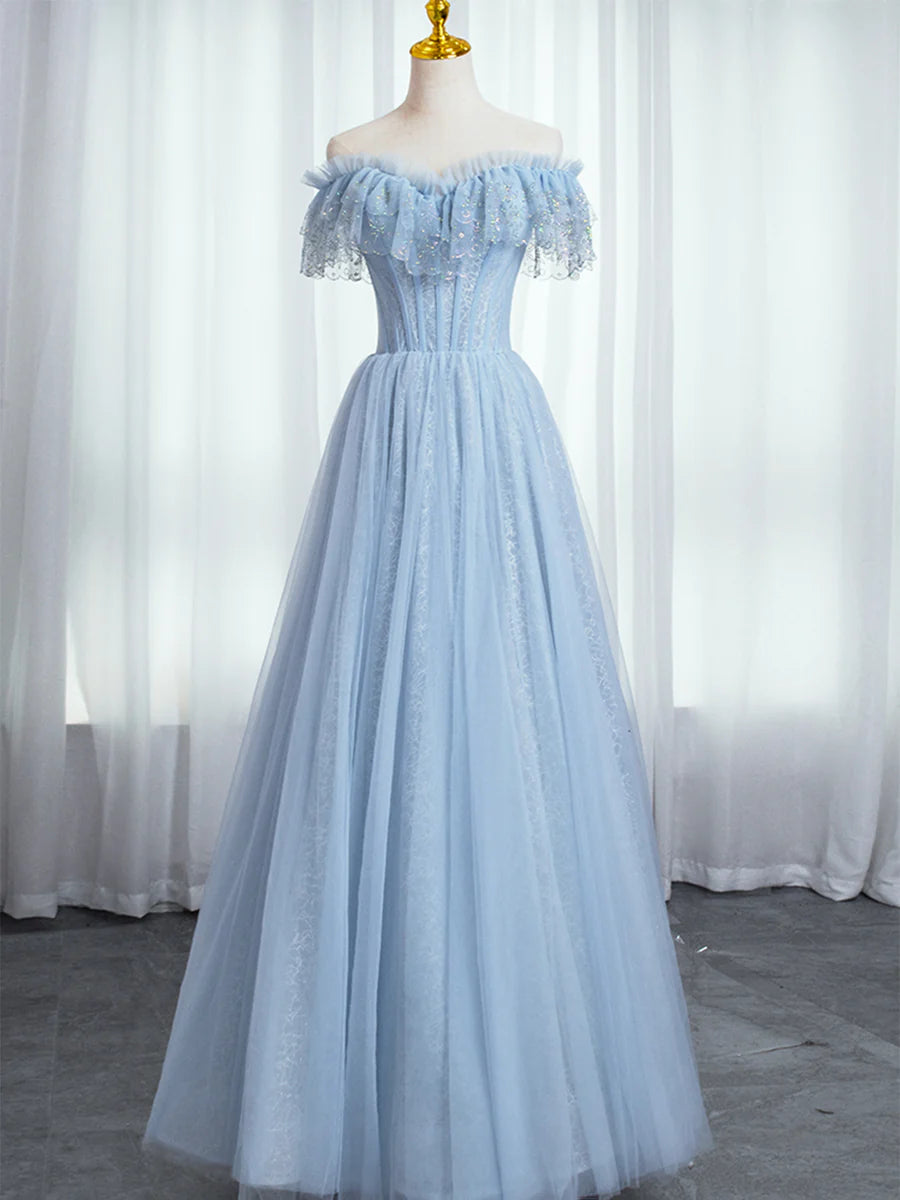 Blue Sweetheart Beaded Off the Shoulder Prom Dress, A-Line Blue Evening Dress TP437