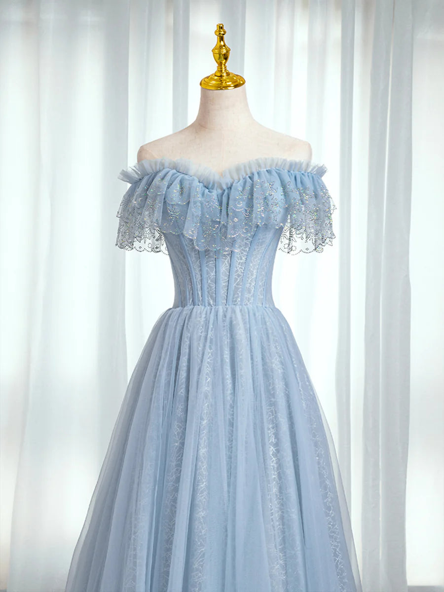 Blue Sweetheart Beaded Off the Shoulder Prom Dress, A-Line Blue Evening Dress TP437