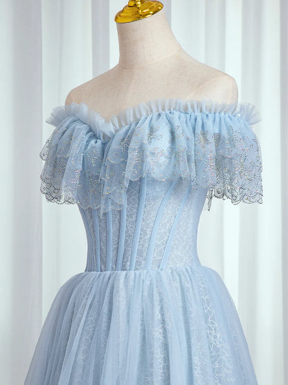 Blue Sweetheart Beaded Off the Shoulder Prom Dress, A-Line Blue Evening Dress TP437