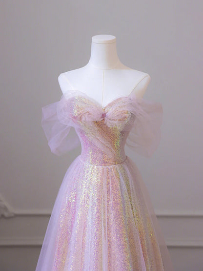 Shiny Tulle Sequins Long Prom Dress, A-Line Off the Shoulder Evening Dress TP438