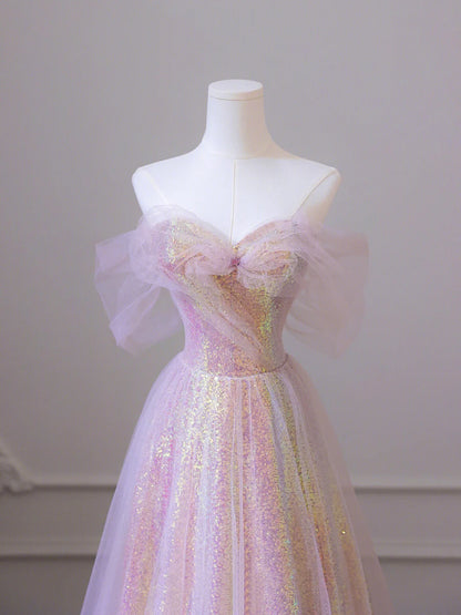 Shiny Tulle Sequins Long Prom Dress, A-Line Off the Shoulder Evening Dress TP438