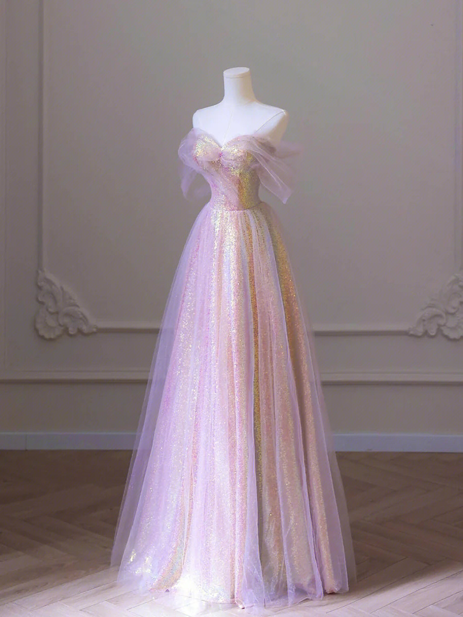 Shiny Tulle Sequins Long Prom Dress, A-Line Off the Shoulder Evening Dress TP438