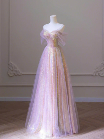 Shiny Tulle Sequins Long Prom Dress, A-Line Off the Shoulder Evening Dress TP438