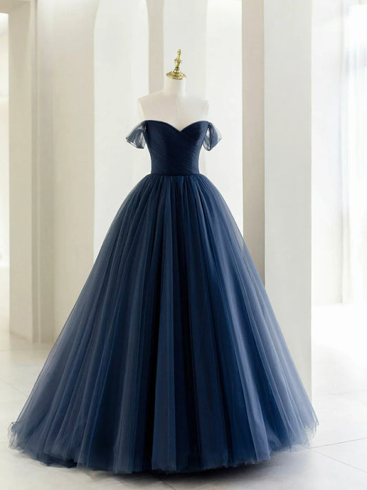 Off the Shoulder Tulle Long Prom Dress, A-Line Blue Formal Evening Dress TP442