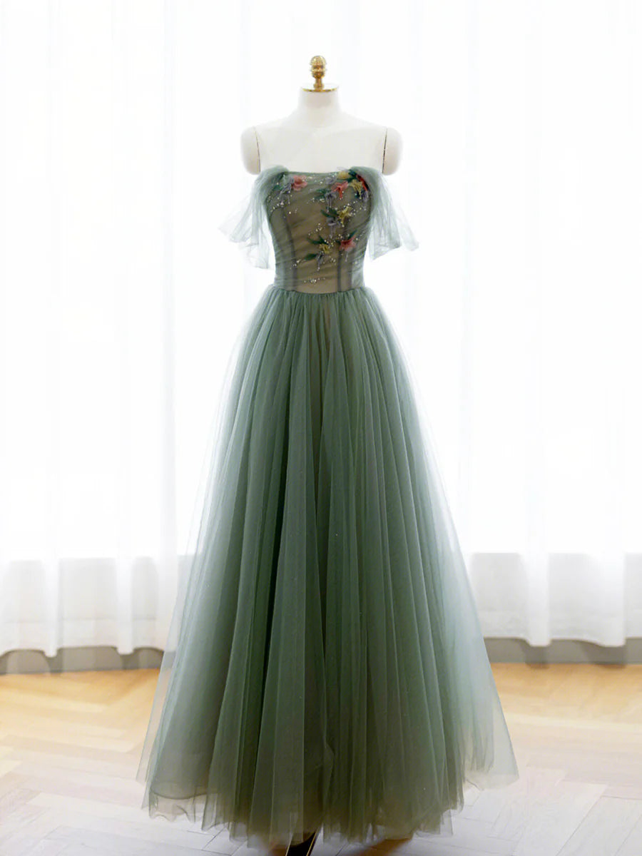 A-Line Green Tulle Long Prom Dress, Off the Shoulder Evening Party Dress TP443