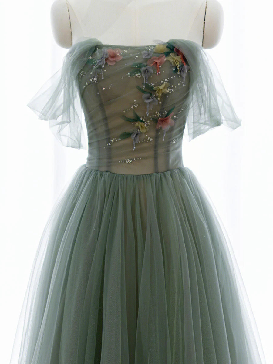 A-Line Green Tulle Long Prom Dress, Off the Shoulder Evening Party Dress TP443