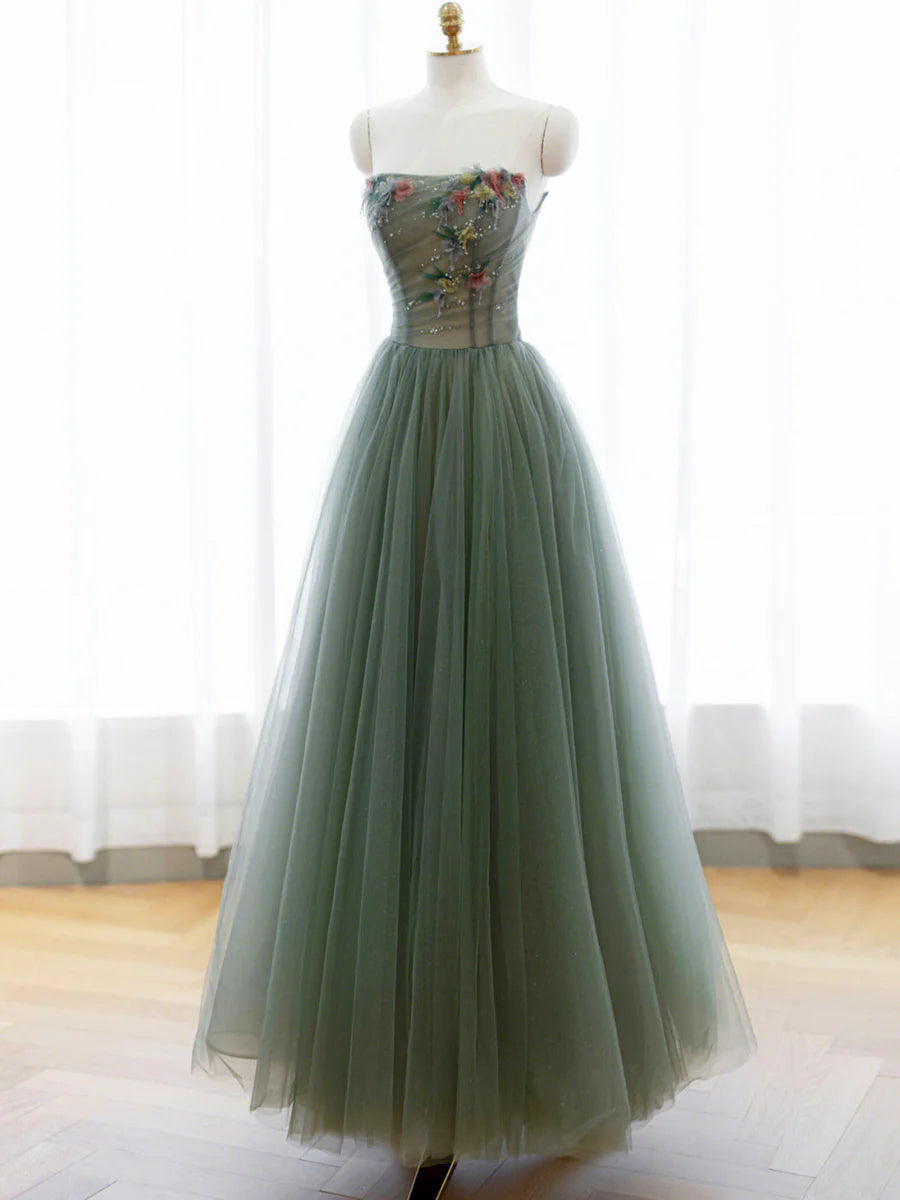 A-Line Green Tulle Long Prom Dress, Off the Shoulder Evening Party Dress TP443