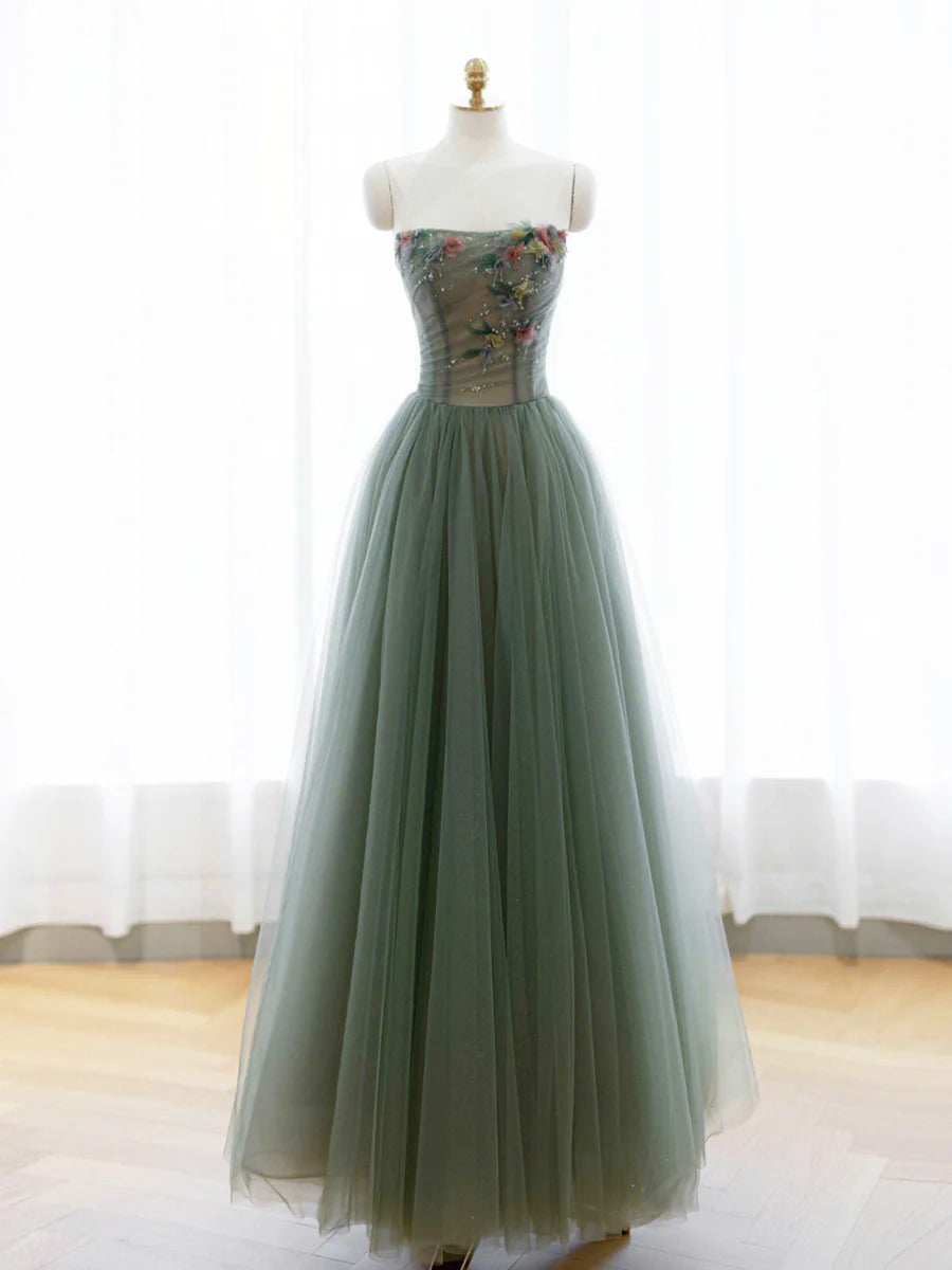 A-Line Green Tulle Long Prom Dress, Off the Shoulder Evening Party Dress TP443