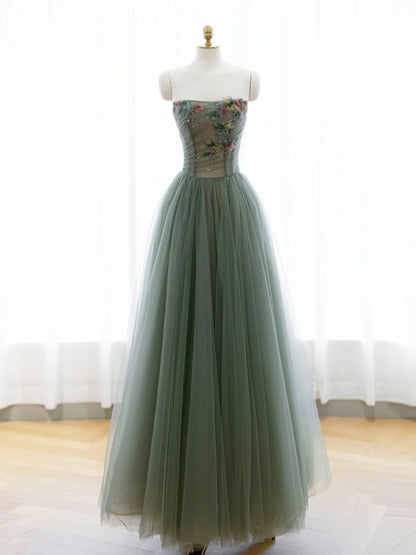 A-Line Green Tulle Long Prom Dress, Off the Shoulder Evening Party Dress TP443