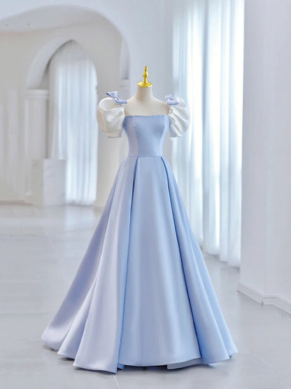 Blue Short Sleeve Saitn Formal Evening Dress, Cute A-Line Junior Prom Dress TP444