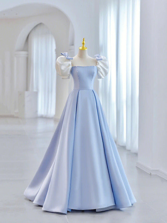 Blue Short Sleeve Saitn Formal Evening Dress, Cute A-Line Junior Prom Dress TP444