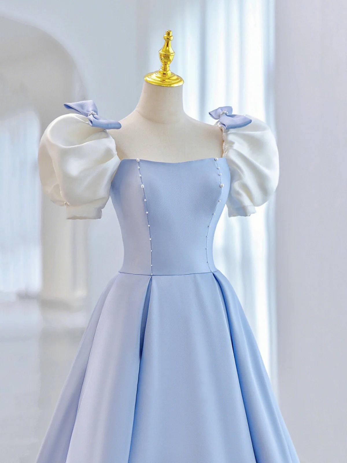 Blue Short Sleeve Saitn Formal Evening Dress, Cute A-Line Junior Prom Dress TP444