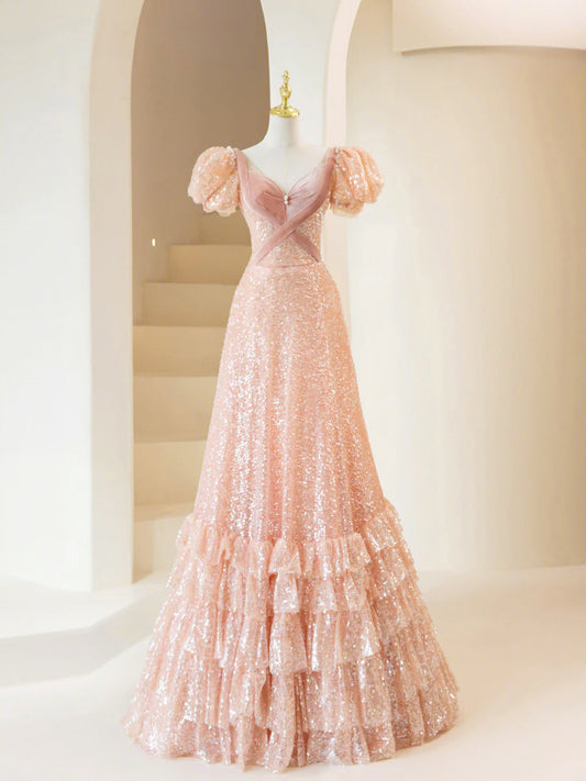 Pink Sequins Long Prom Dress, Lovely A-Line Short Sleeve Evening Party Dress TP445