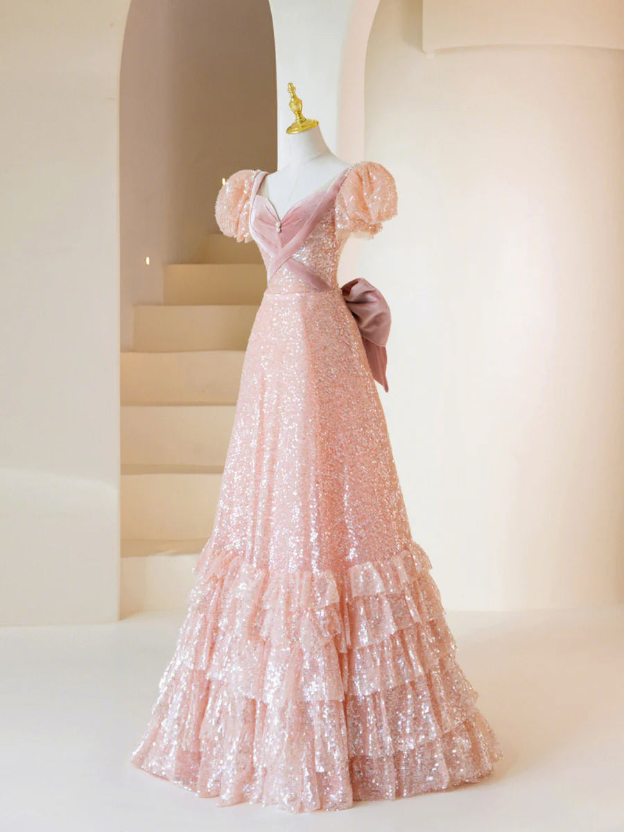 Pink Sequins Long Prom Dress, Lovely A-Line Short Sleeve Evening Party Dress TP445