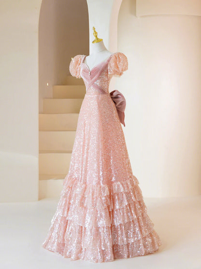 Pink Sequins Long Prom Dress, Lovely A-Line Short Sleeve Evening Party Dress TP445
