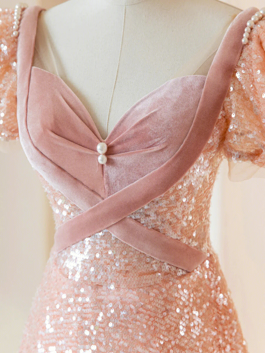 Pink Sequins Long Prom Dress, Lovely A-Line Short Sleeve Evening Party Dress TP445