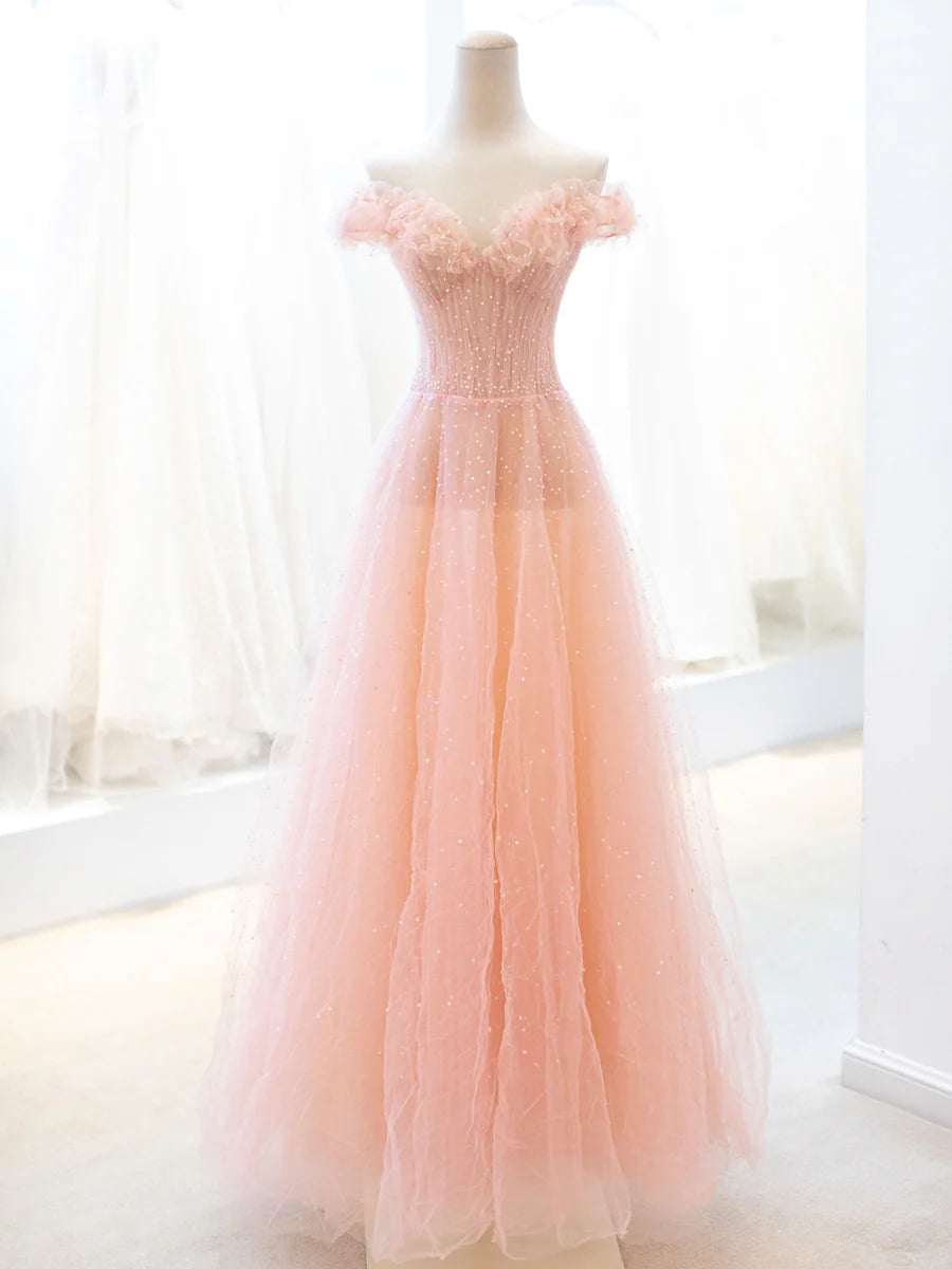 Pink Tulle Sequins Long Prom Dress, A-Line Lovely Evening Party Dress TP447
