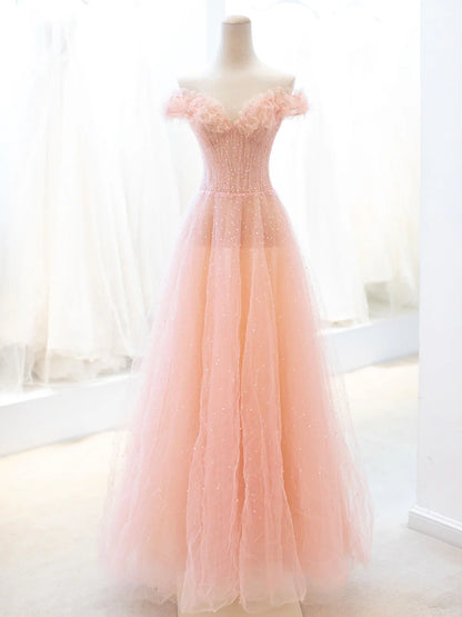 Pink Tulle Sequins Long Prom Dress, A-Line Lovely Evening Party Dress TP447