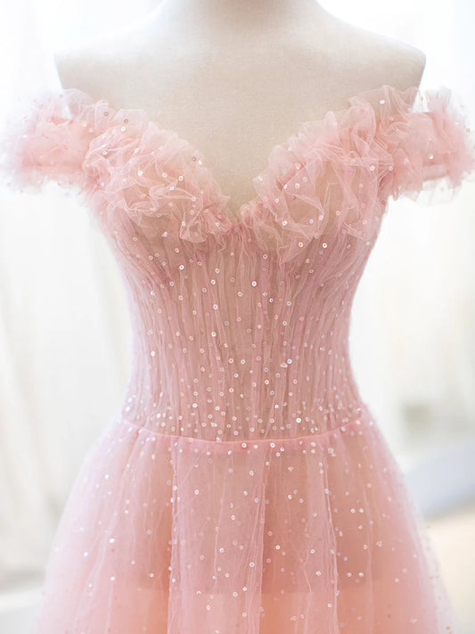 Pink Tulle Sequins Long Prom Dress, A-Line Lovely Evening Party Dress TP447