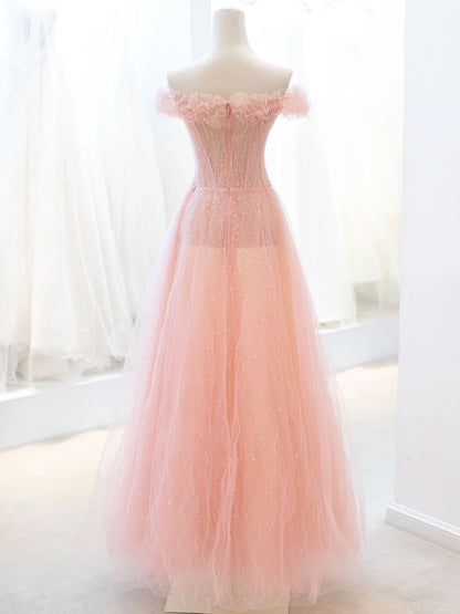 Pink Tulle Sequins Long Prom Dress, A-Line Lovely Evening Party Dress TP447