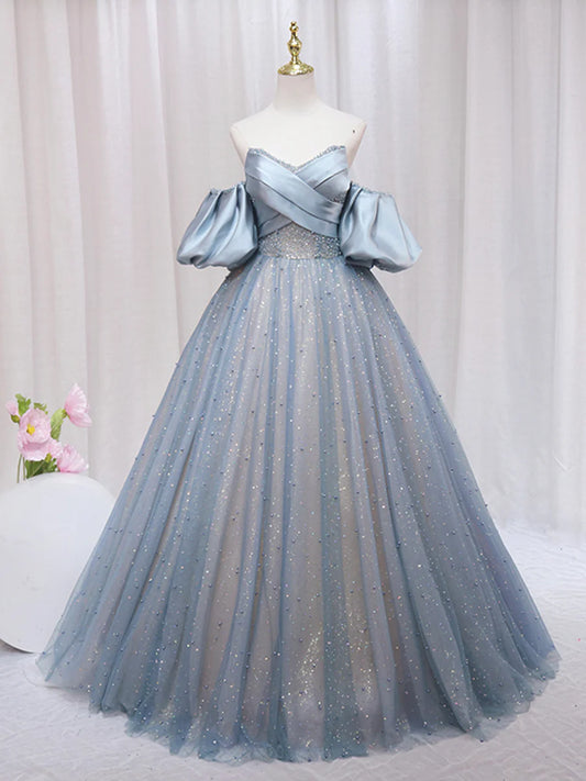 Blue Puff Sleeve Long A-Line Prom Dress, Off the Shoulder Formal Evening Dress TP449