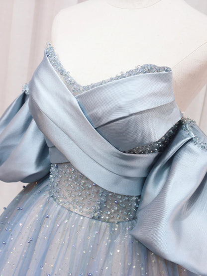 Blue Puff Sleeve Long A-Line Prom Dress, Off the Shoulder Formal Evening Dress TP449