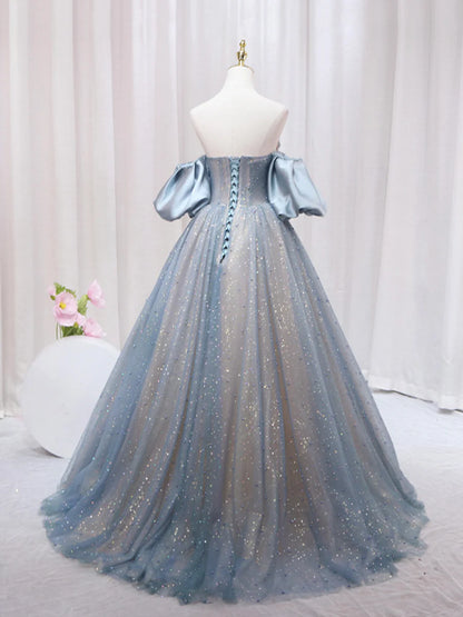 Blue Puff Sleeve Long A-Line Prom Dress, Off the Shoulder Formal Evening Dress TP449