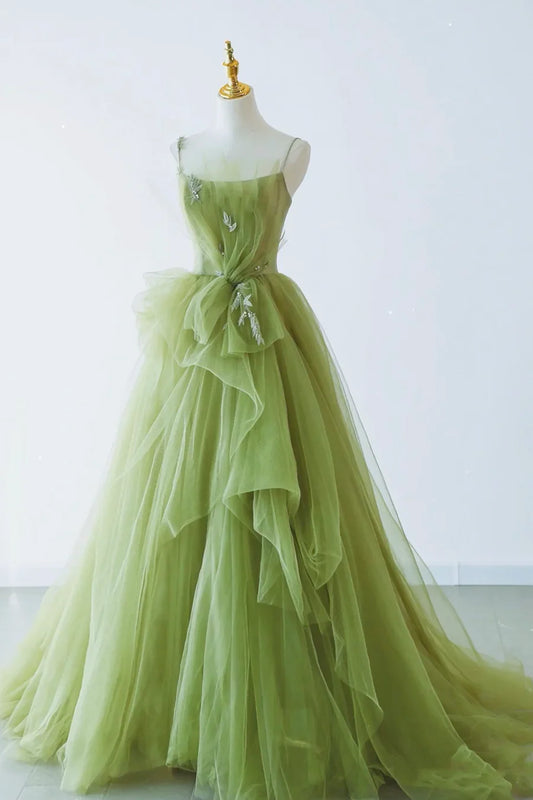 Green Spaghetti Strap Tulle Long Formal Evening Dress, Green A-Line Prom Dress TP450