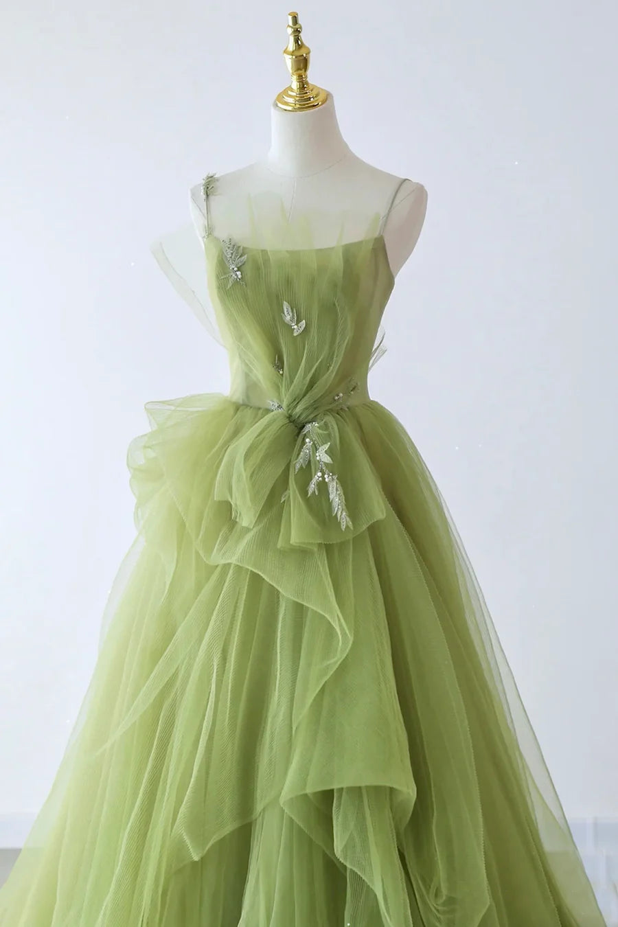 Green Spaghetti Strap Tulle Long Formal Evening Dress, Green A-Line Prom Dress TP450