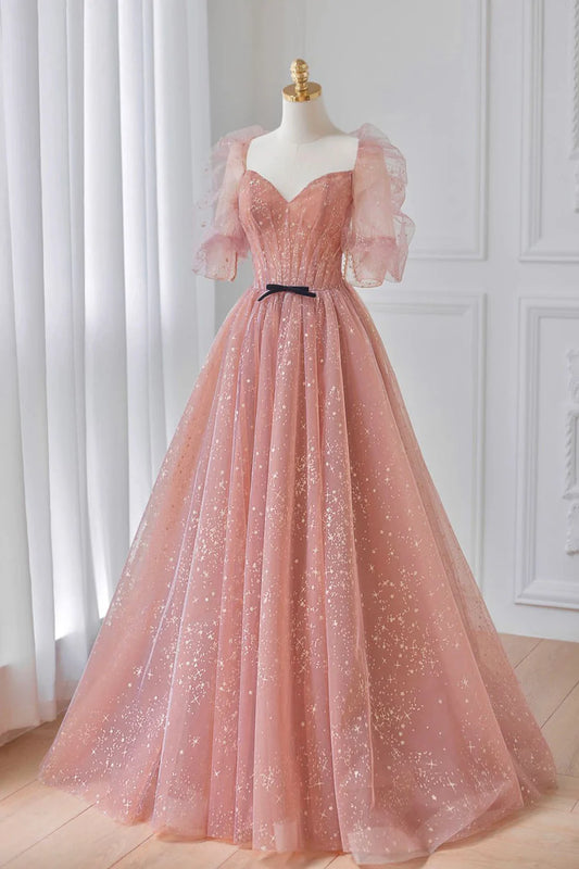 Pink Tulle Floor Length Prom Dress, Lovely Short Sleeve Graduation Party Dress TP452