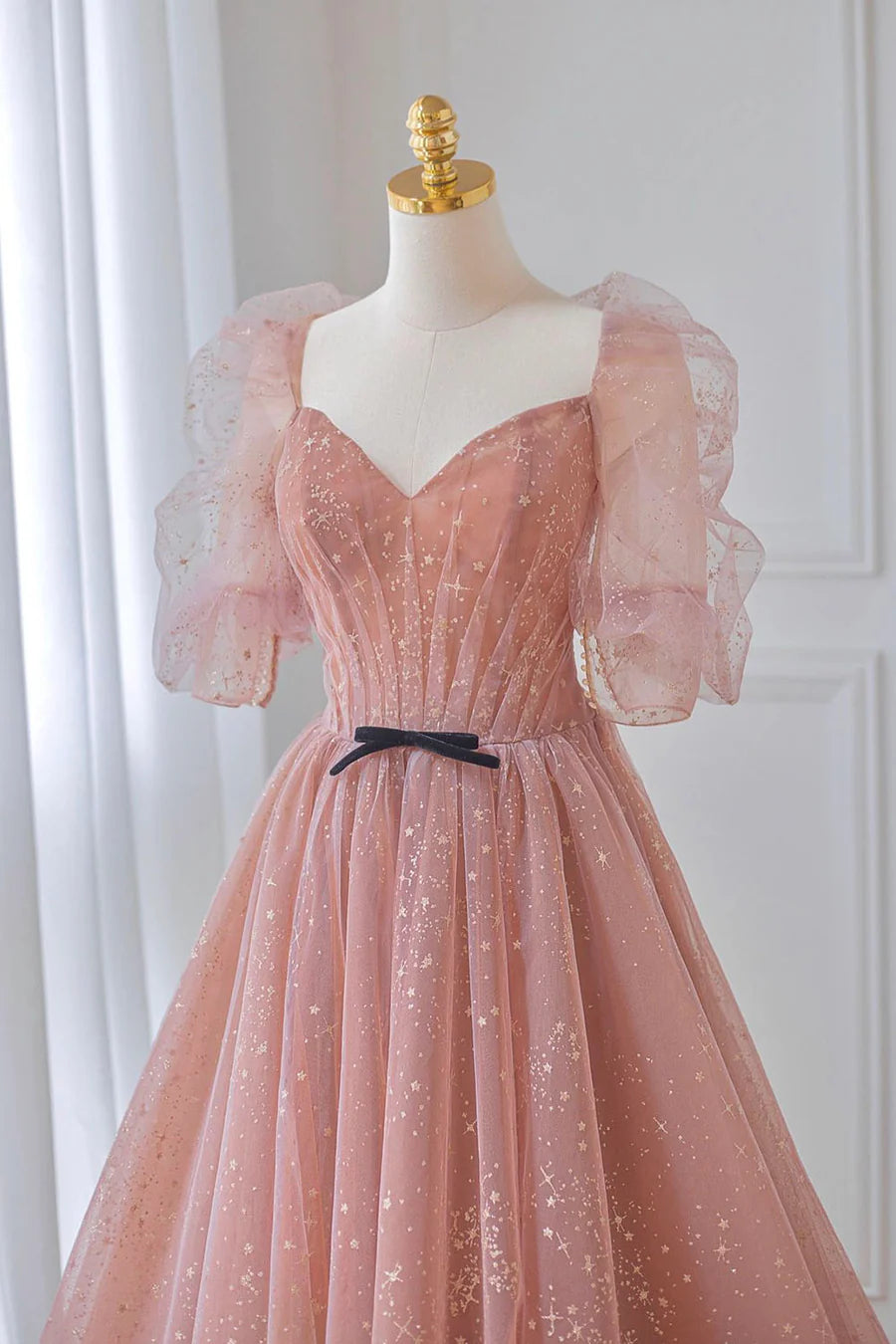 Pink Tulle Floor Length Prom Dress, Lovely Short Sleeve Graduation Party Dress TP452