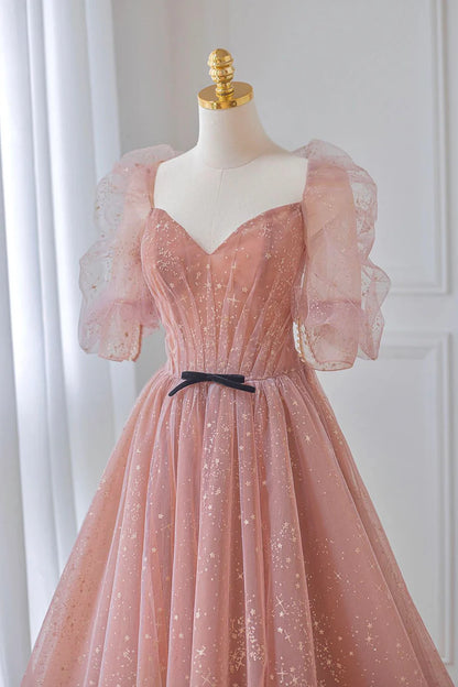Pink Tulle Floor Length Prom Dress, Lovely Short Sleeve Graduation Party Dress TP452