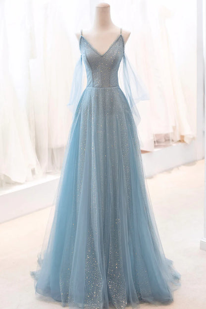 Blue Spaghetti Strap Tulle Long Prom Dress, V-Neck Evening Party Dress TP453