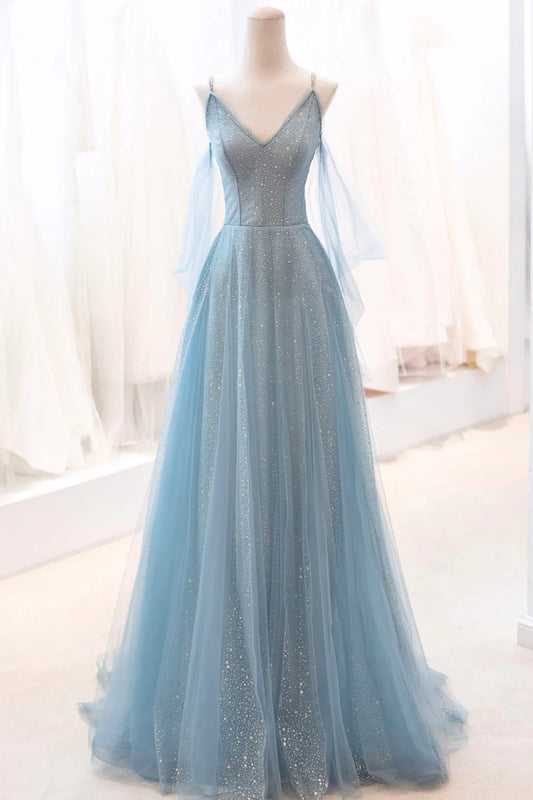 Blue Spaghetti Strap Tulle Long Prom Dress, V-Neck Evening Party Dress TP453