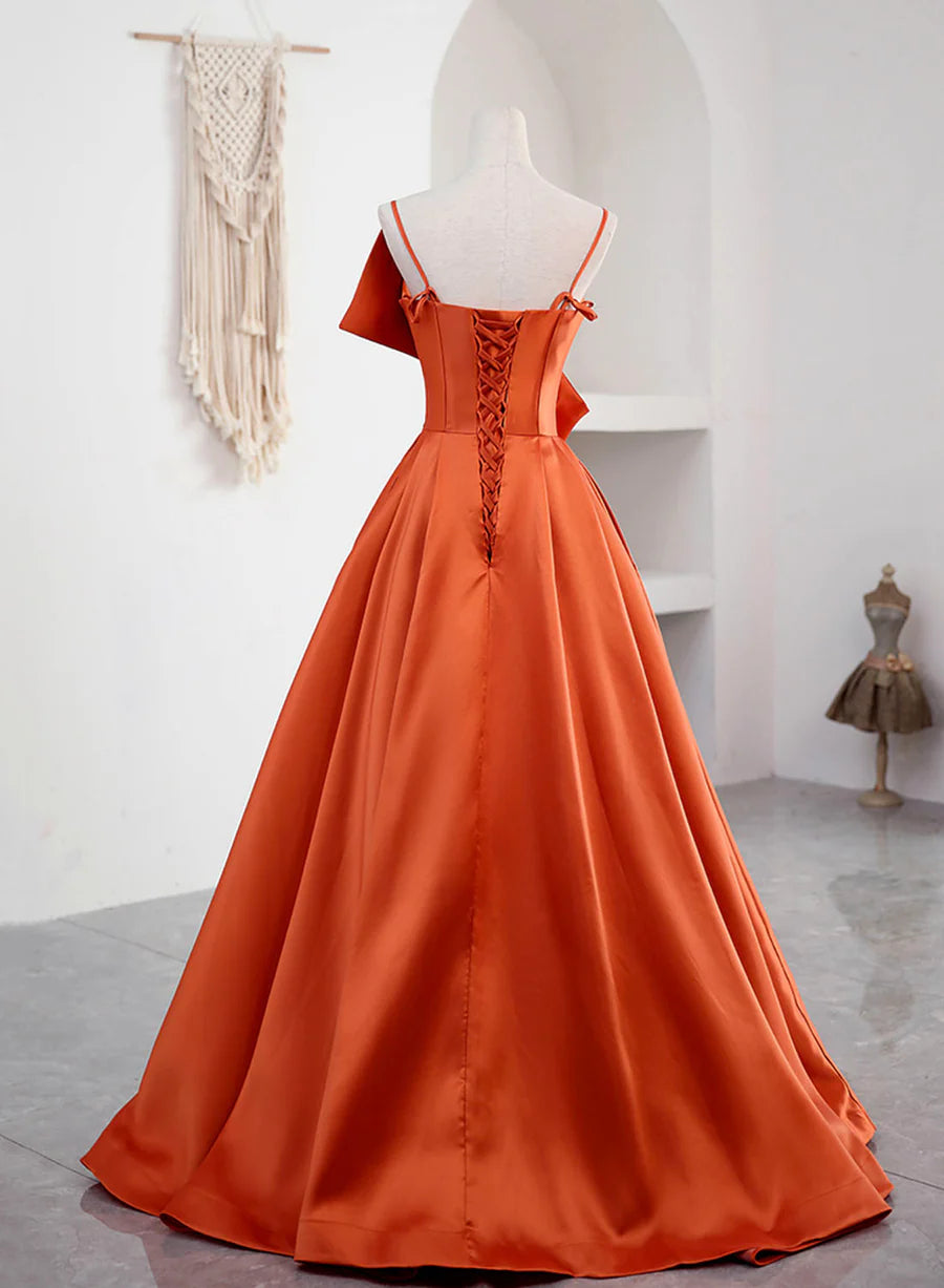 Spaghetti Straps Orange Satin Prom Formal Dress, A-Line Floor Length Evening Dress TP454