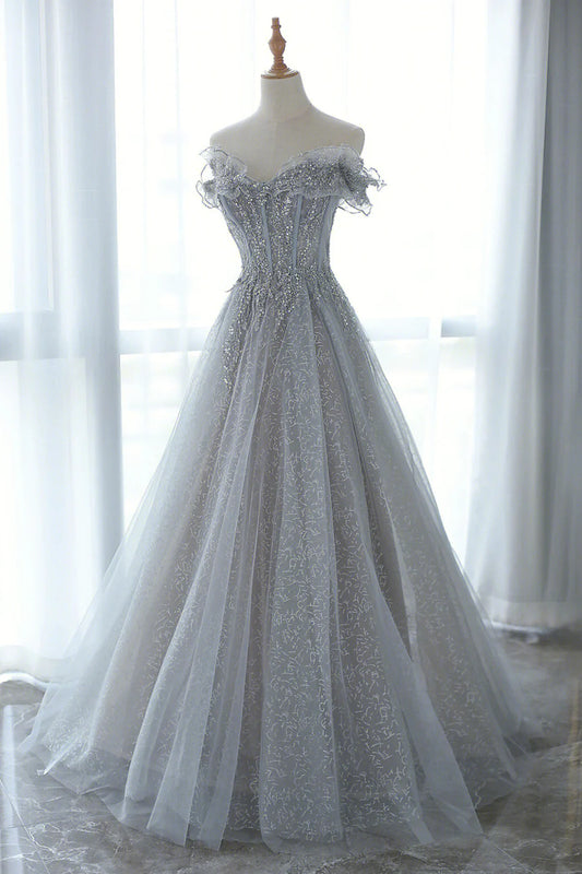 Gray Tulle Sequins Long Prom Dress, Off the Shoulder Evening Dress TP455
