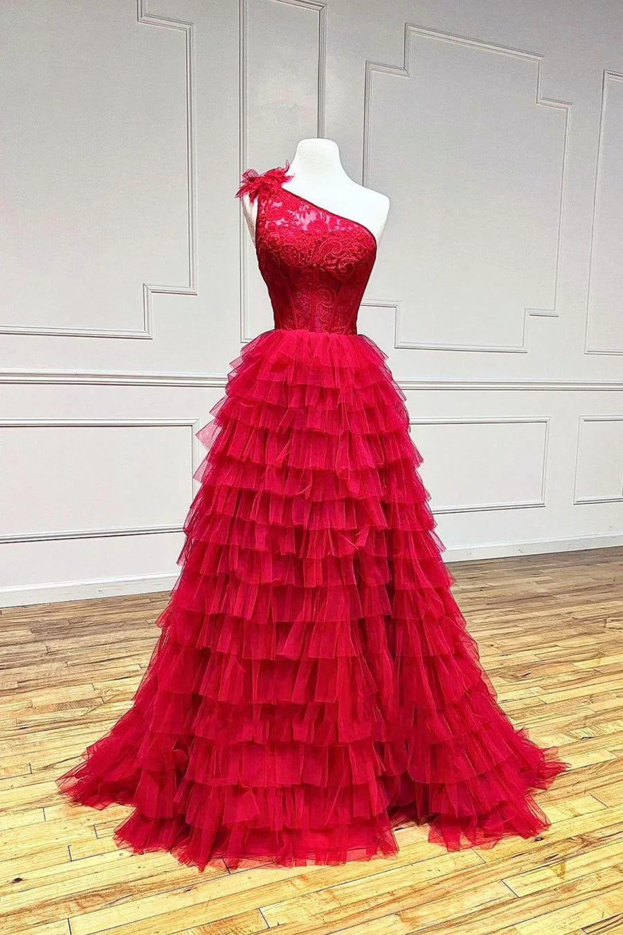 Red Tulle Lace Long Prom Dresses, One Shoulder Evening Dresses TP457